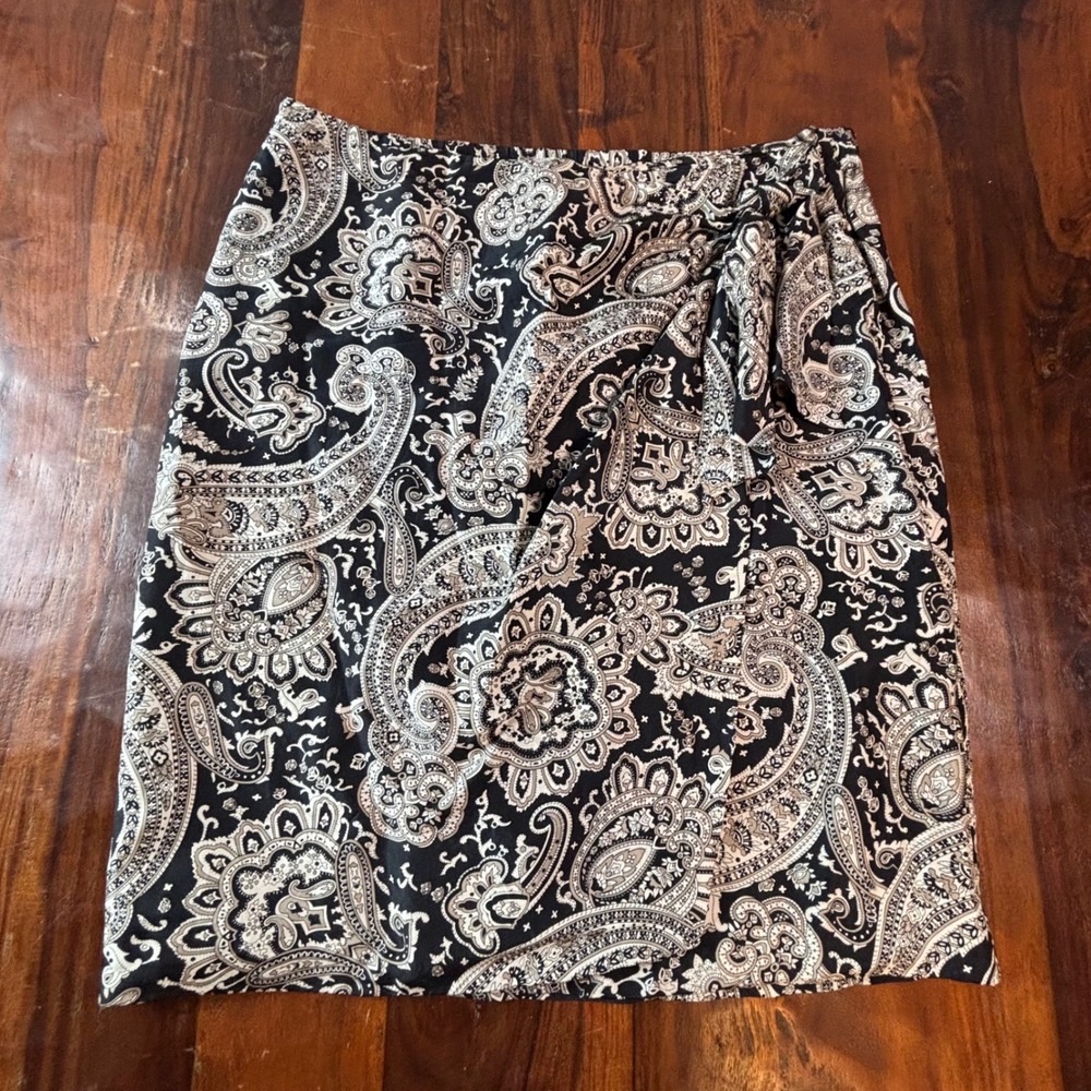 Valerie Stevens Vintage Pure Silk Paisley Wrap‎ Skirt Black Tan Size M Tie Front